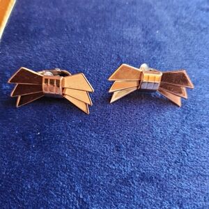 Vintage Kreisler USA Bow Clip Earrings Gold Tone Art Deco Geometric Ribbon Clips